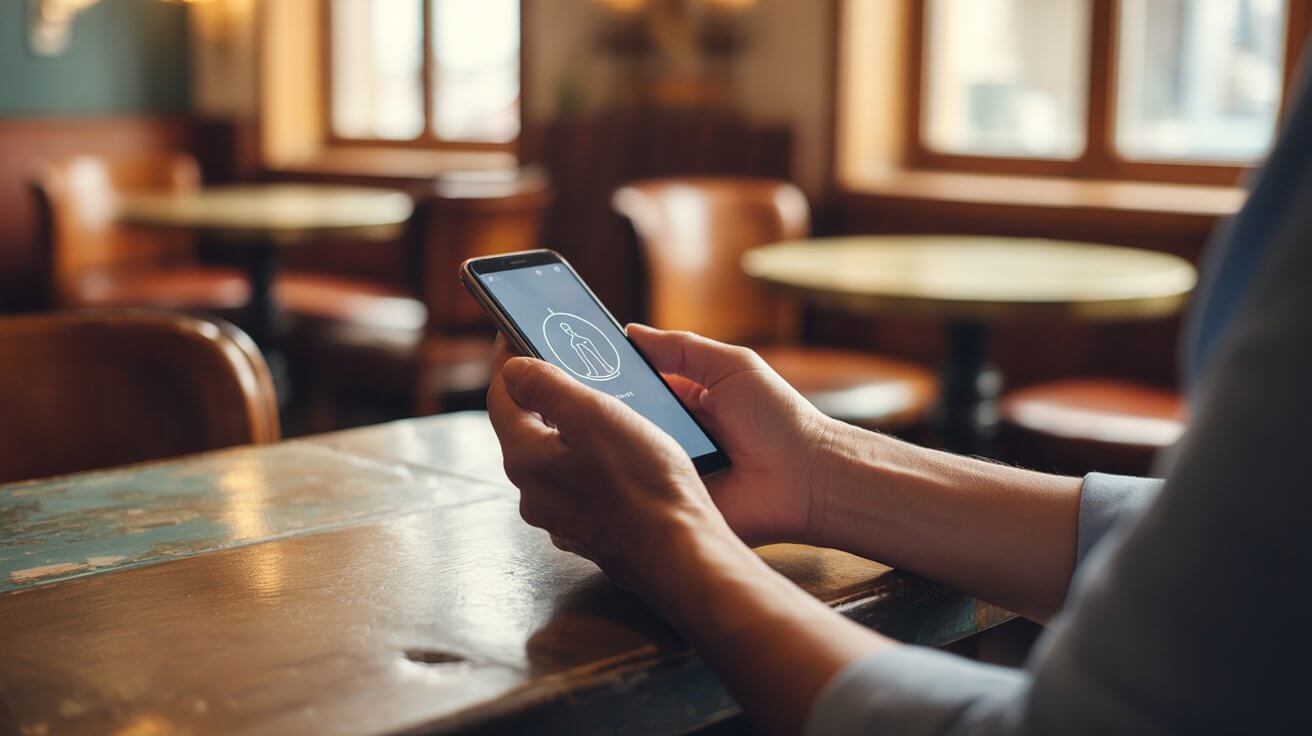Hands holding phone with prayer reminder in everyday coffee shop setting