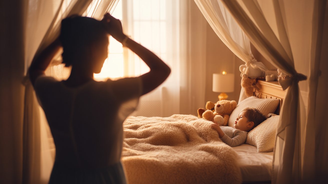 Parent standing in prayer providing spiritual covering over their sleeping child