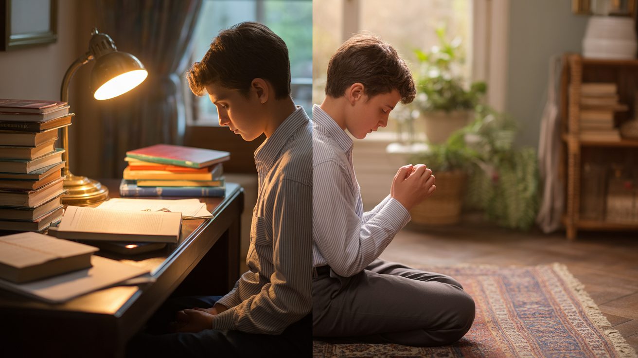 Student balancing studying and prayer for test preparation