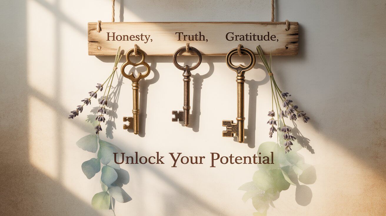 Three keys representing honesty truth and gratitude in prayer