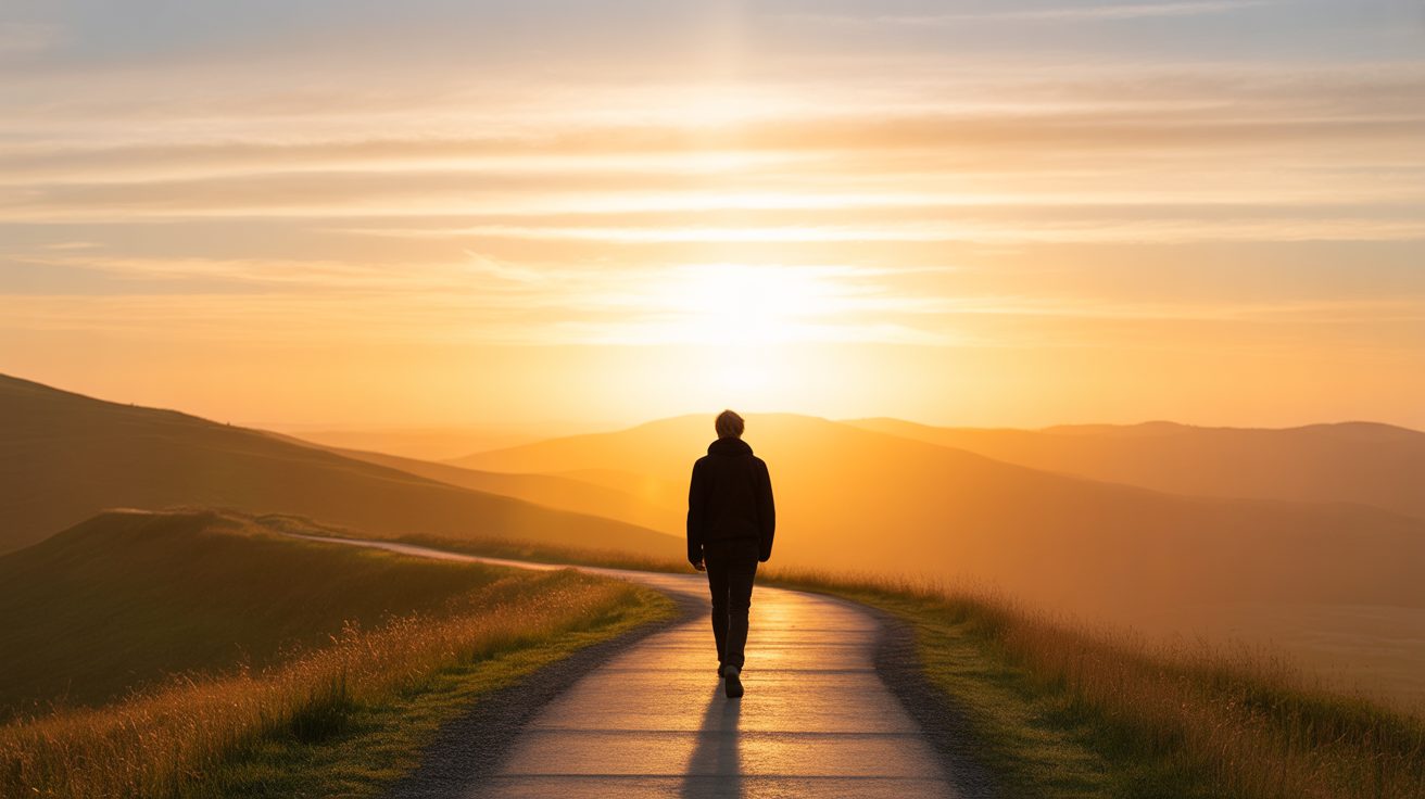 Person walking confidently toward a bright horizon with God's presence, representing overcoming social anxiety through prayer