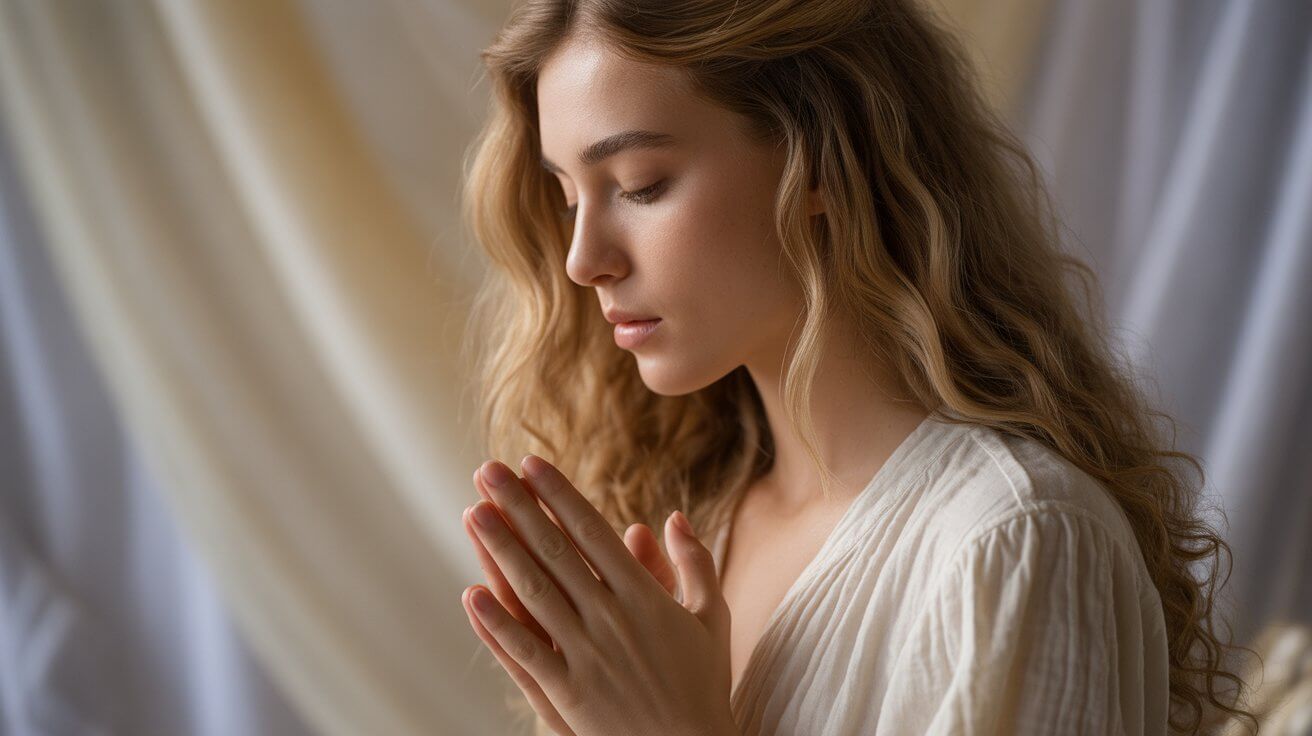 Woman peacefully praying while waiting on God's timing and trusting His plan
