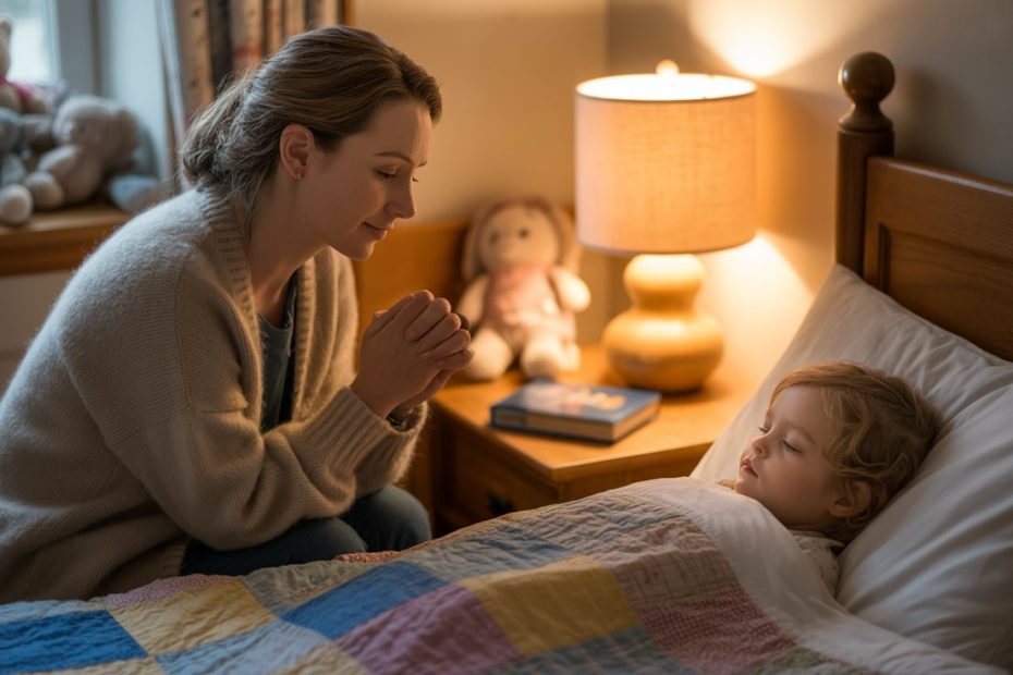 Parent and child praying together at bedtime in a warmly lit bedroom