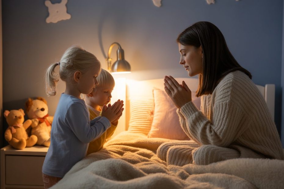 Family kneeling together for bedtime prayer with kids in cozy bedroom