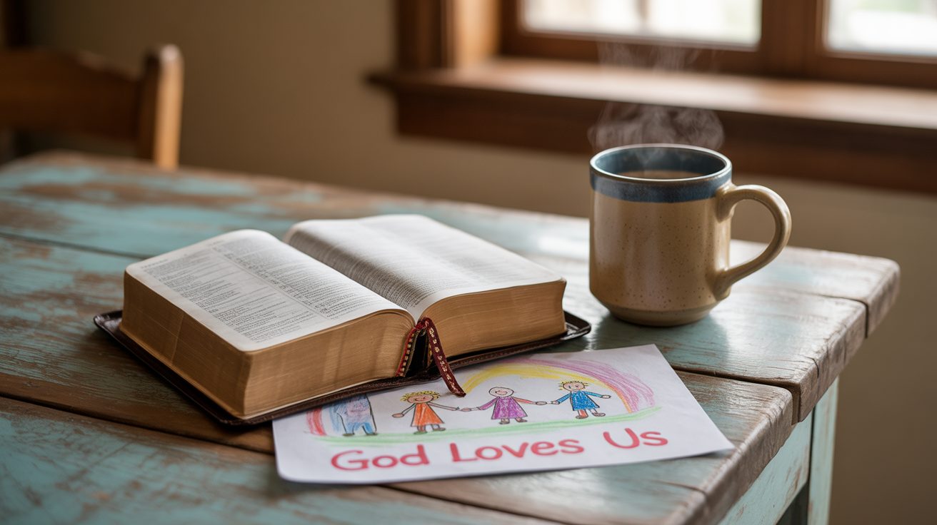 Open Bible and coffee on kitchen table with child's drawing