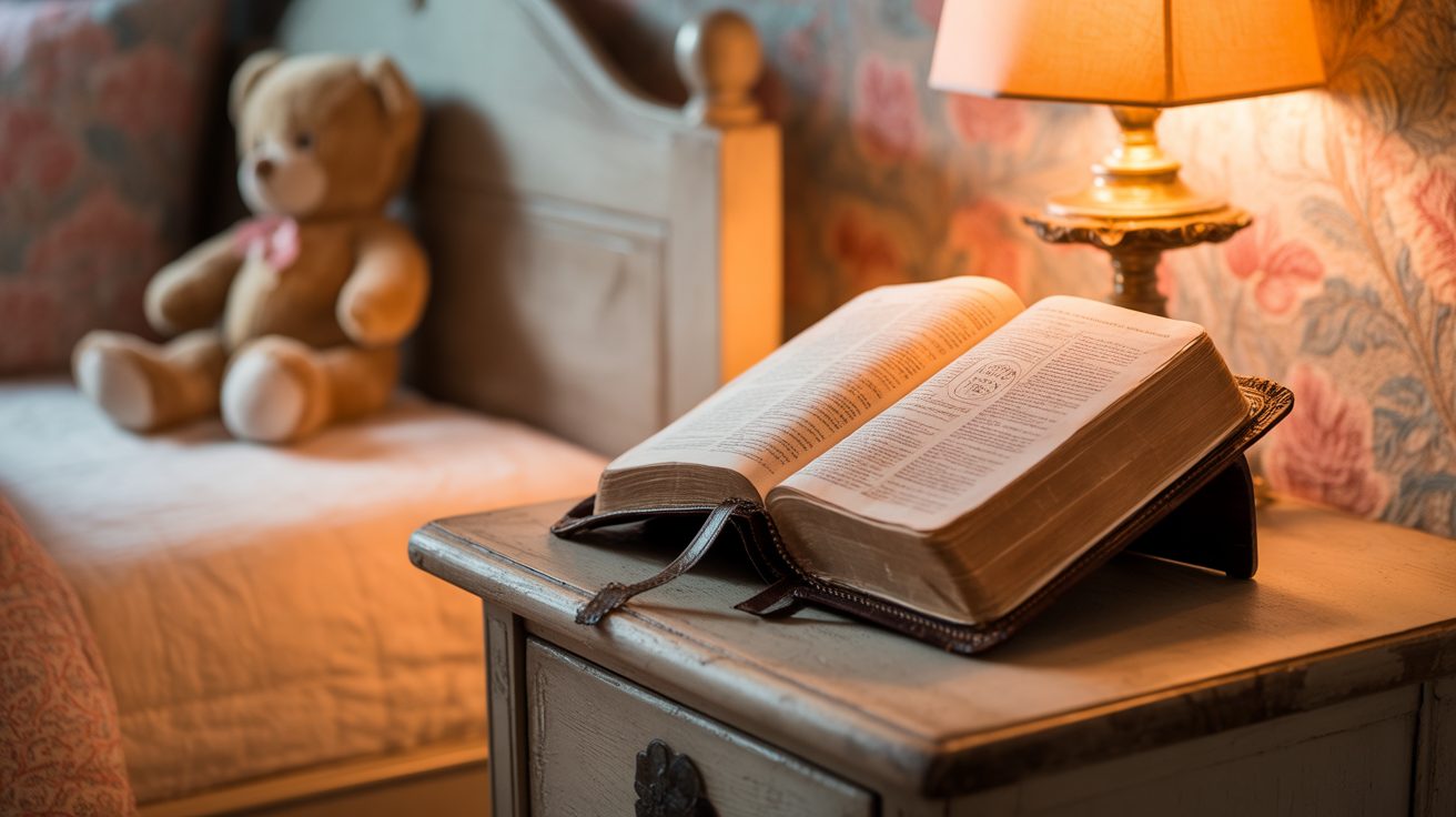 Open Bible on a nightstand with a warm lamp in a child's bedroom