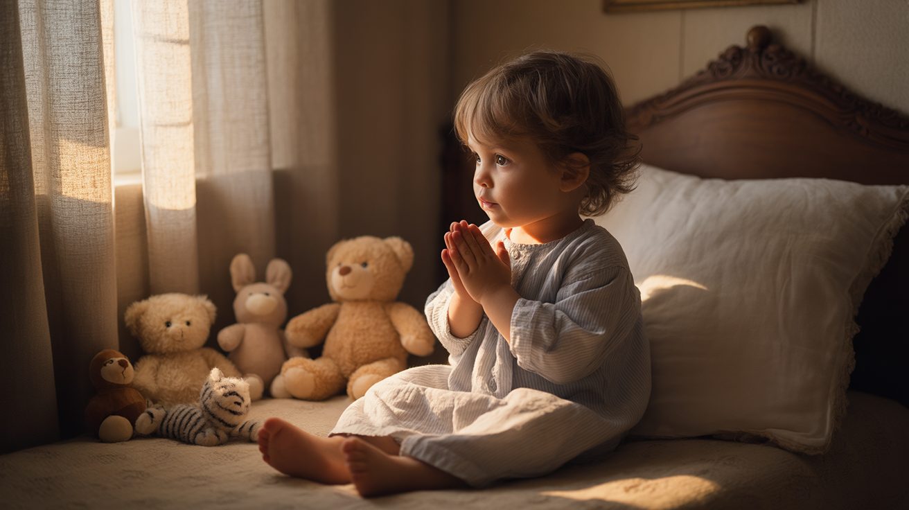 Young child praying with folded hands at bedtime in a cozy bedroom