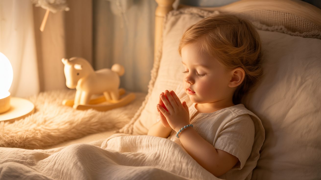 Young child praying at bedtime with soft nightlight glowing