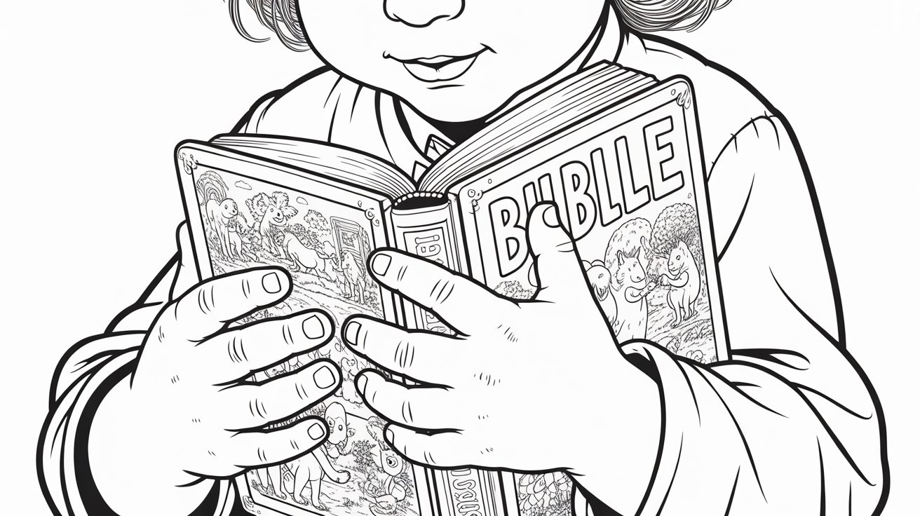 Young child's hands holding illustrated children's Bible during morning devotional