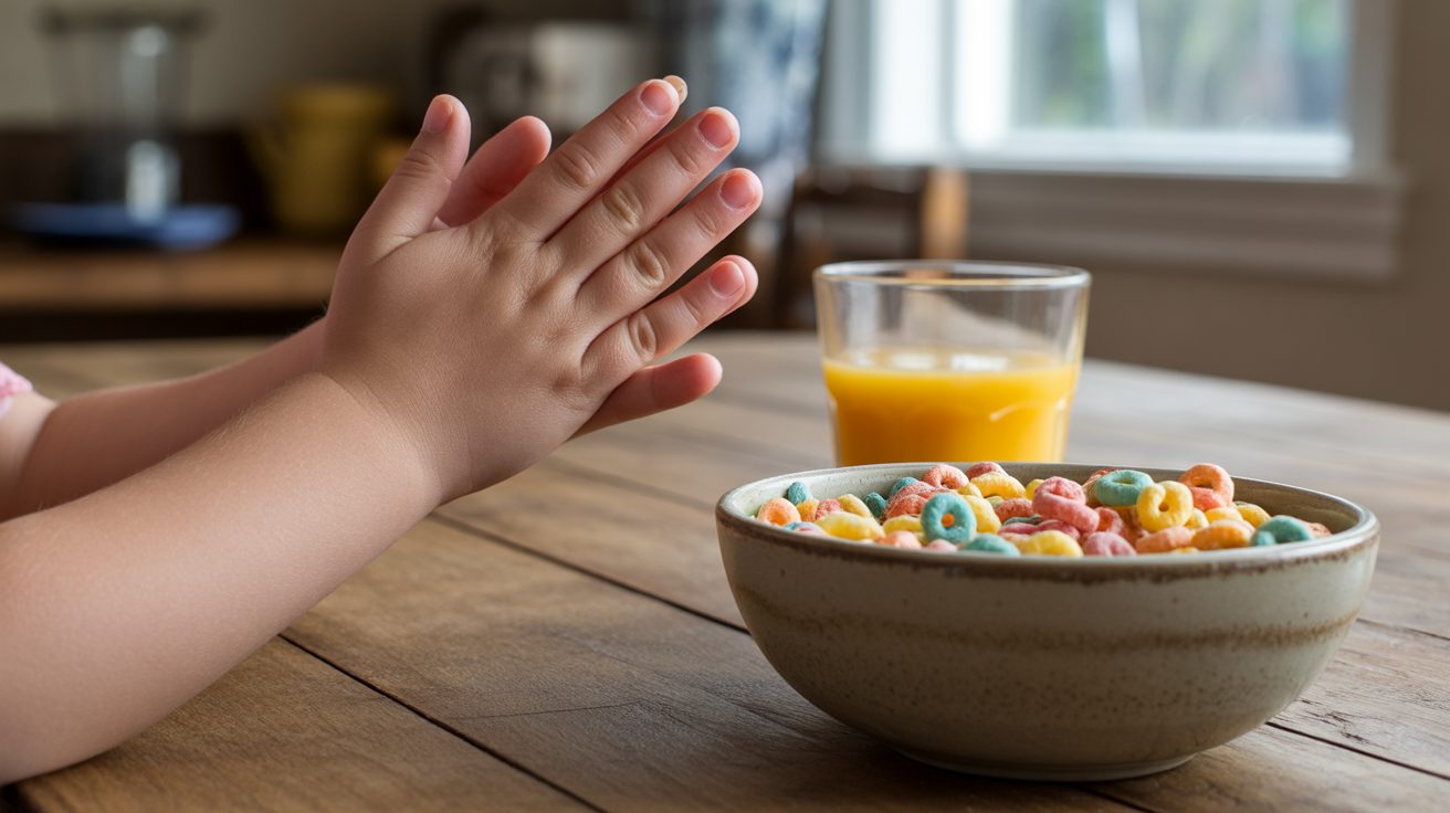 Child's hands folded in prayer over breakfast table
