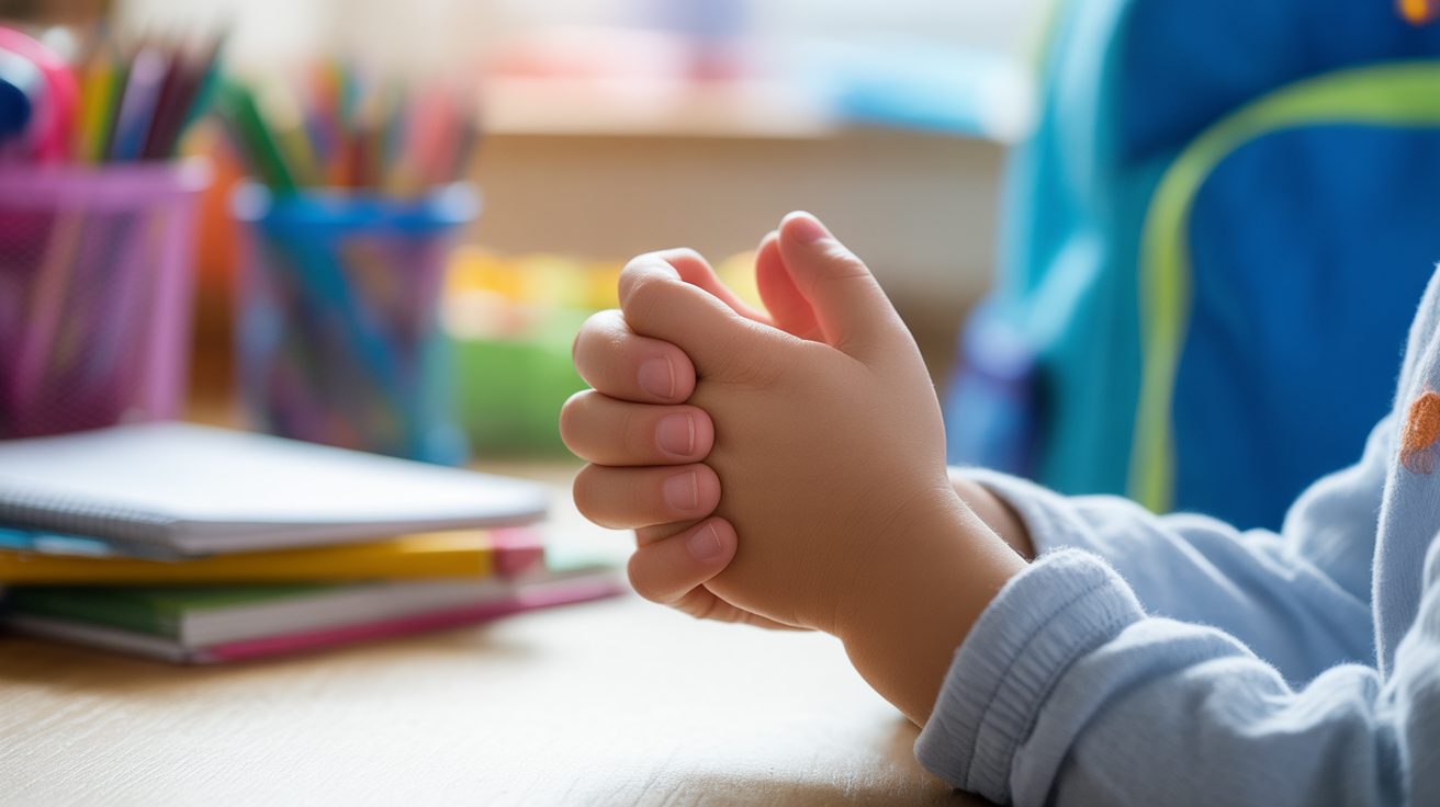 Child's folded hands in prayer with school supplies in background