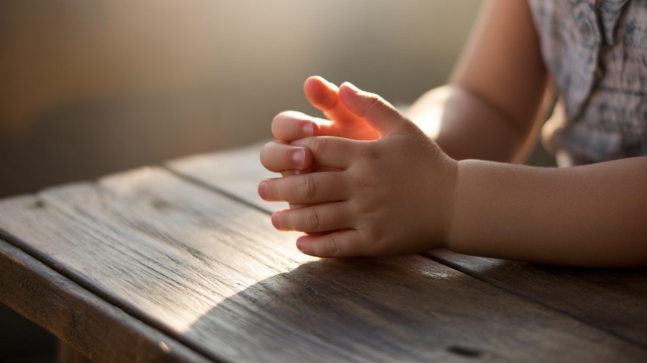 Child's hands clasped in prayer during morning devotional time