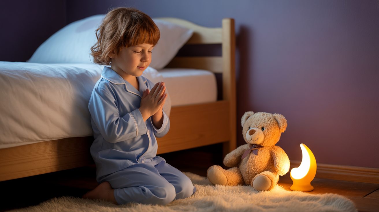 Young child kneeling by bed in prayer with stuffed animal and nightlight glow
