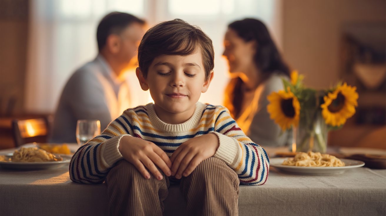 Young child leading a simple family prayer for dinner while parents look on