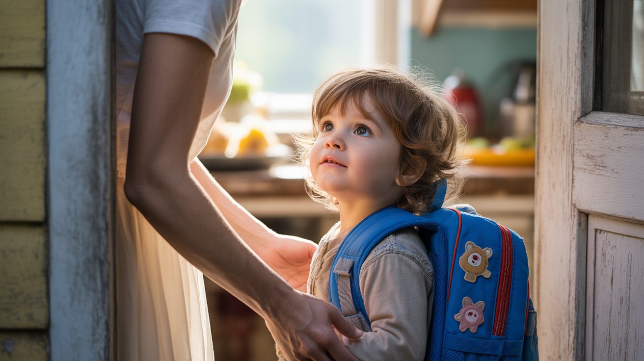 Child with backpack at the front door after a short morning prayer before school
