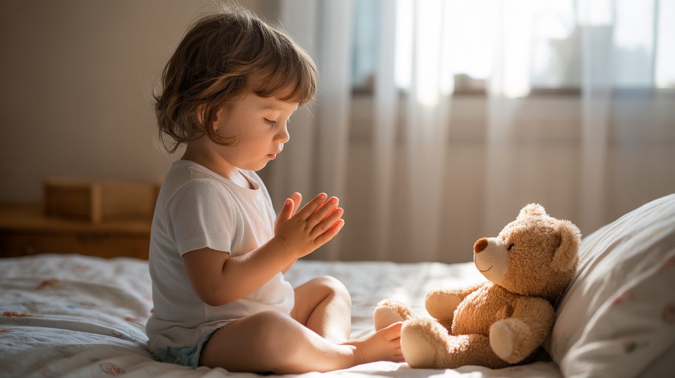 Young child praying independently in bedroom during morning routine