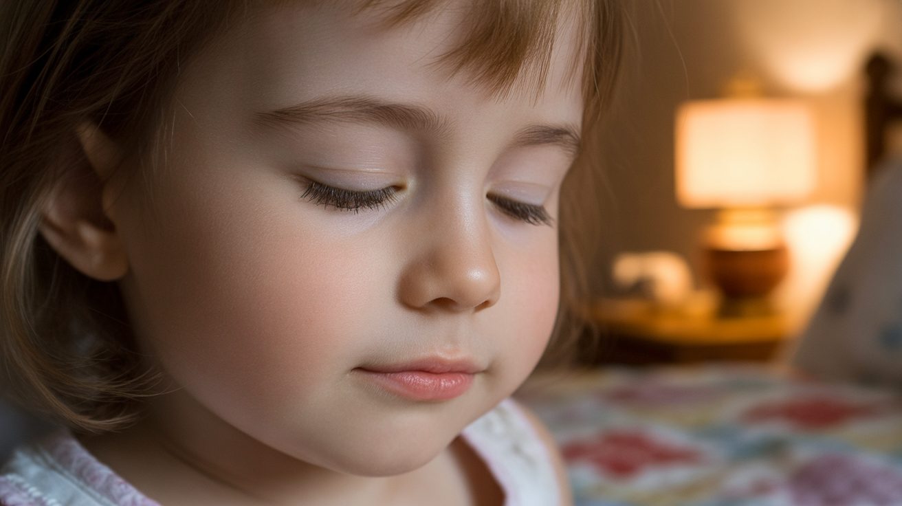 Close-up of a peaceful child with eyes closed during a bedtime prayer