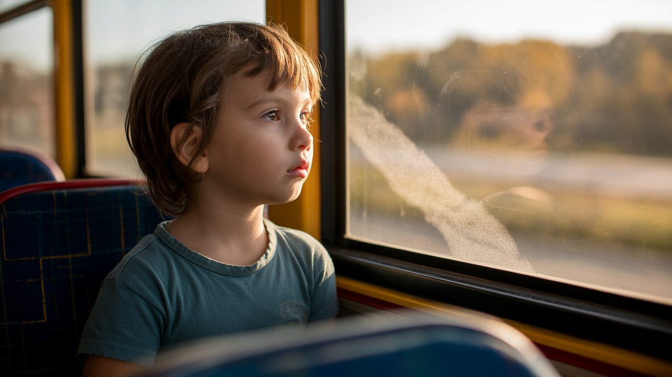 Child gazing peacefully out school bus window in morning light