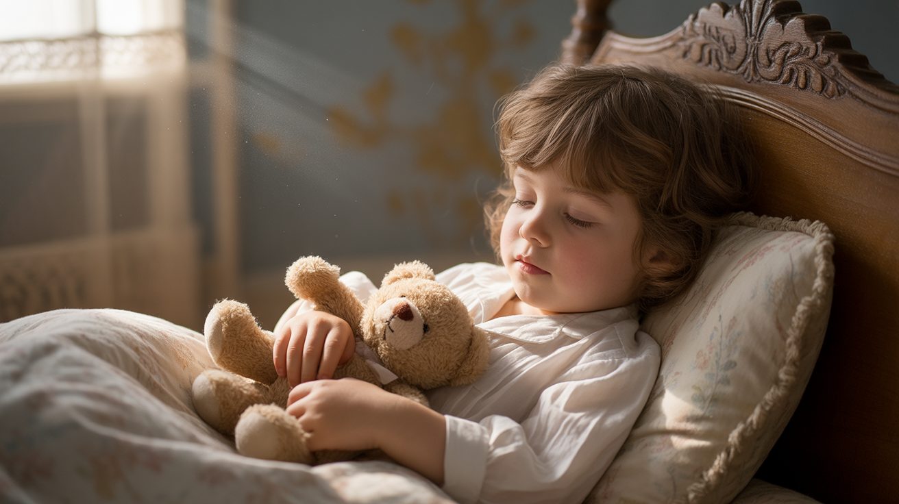 Peaceful child sleeping safely under God's protection at night
