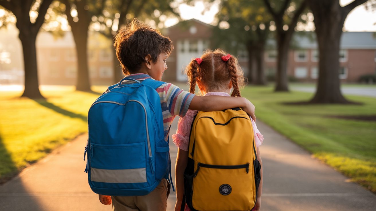 Two children walking to school together in morning sunlight
