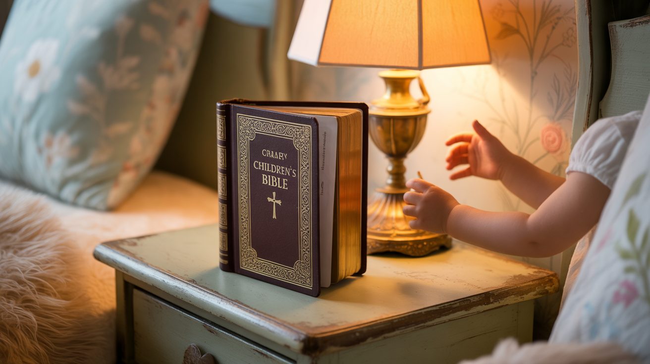 Children's Bible on nightstand as part of bedtime prayer routine