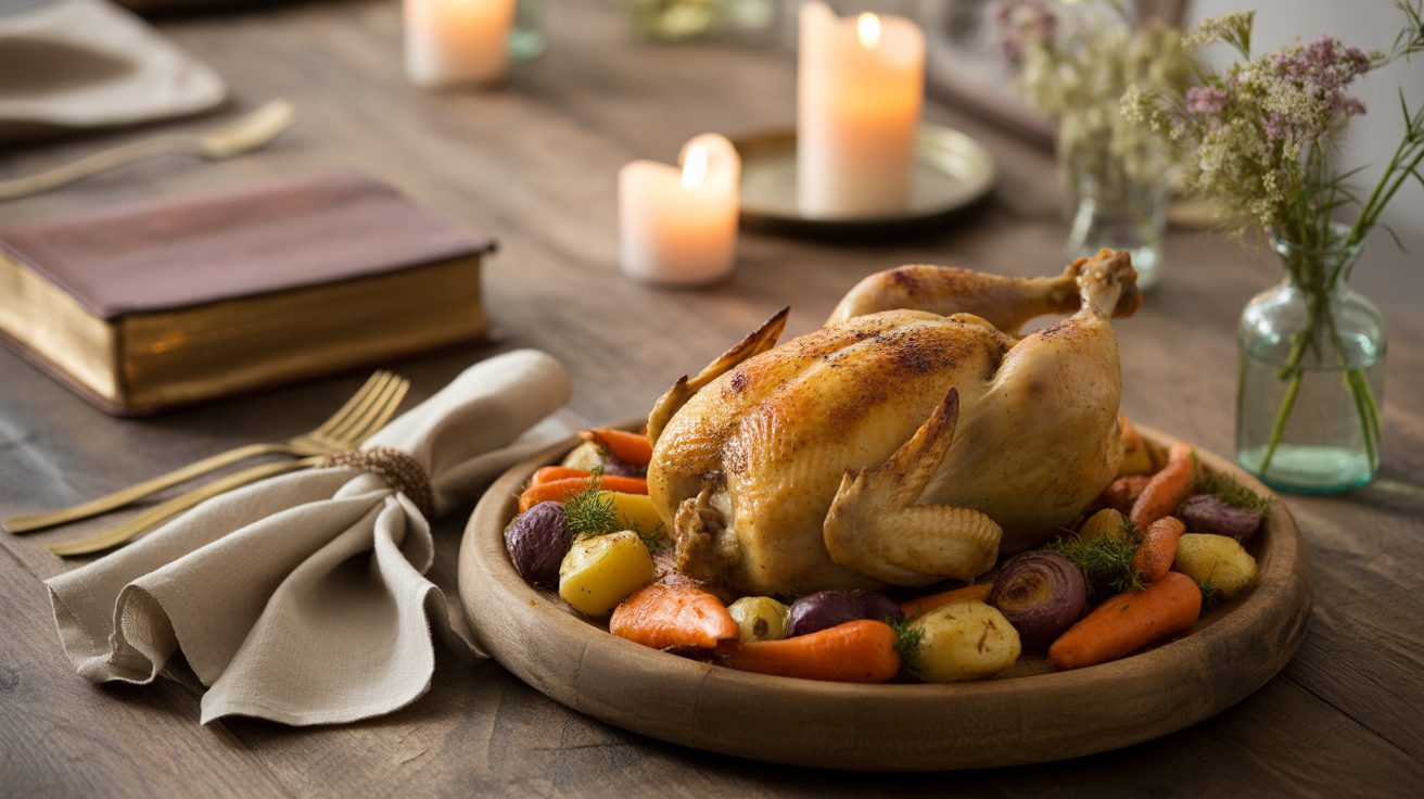 Rustic dinner table with Bible and food set for a family mealtime prayer
