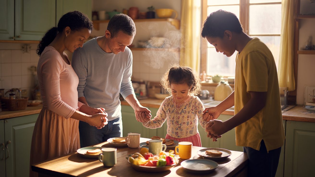 Diverse family holding hands in prayer circle during morning family devotional