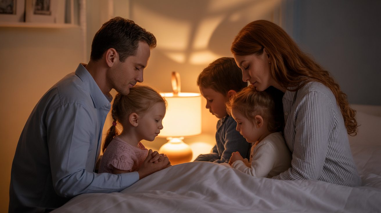 Family praying together with children at bedtime