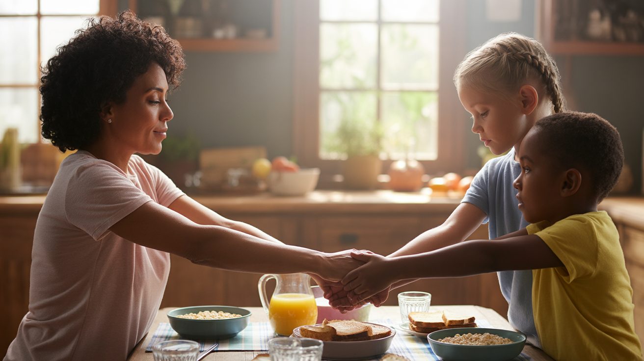 Family holding hands in circle praying before school morning