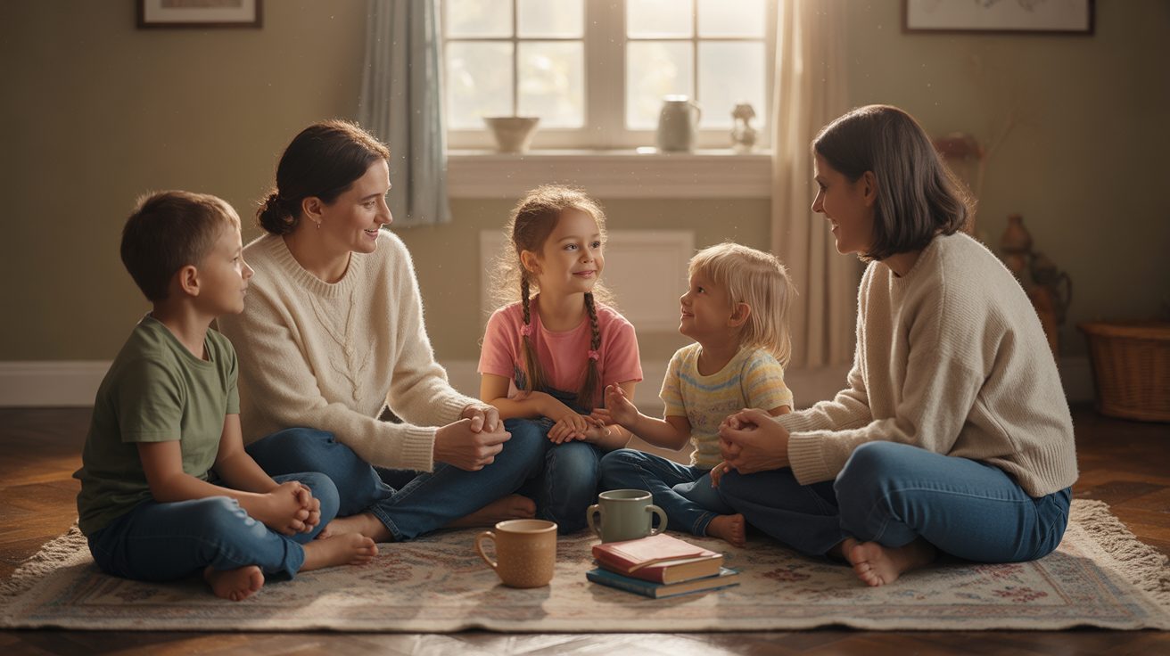 A relaxed family sitting in a circle on the living room floor holding hands in prayer