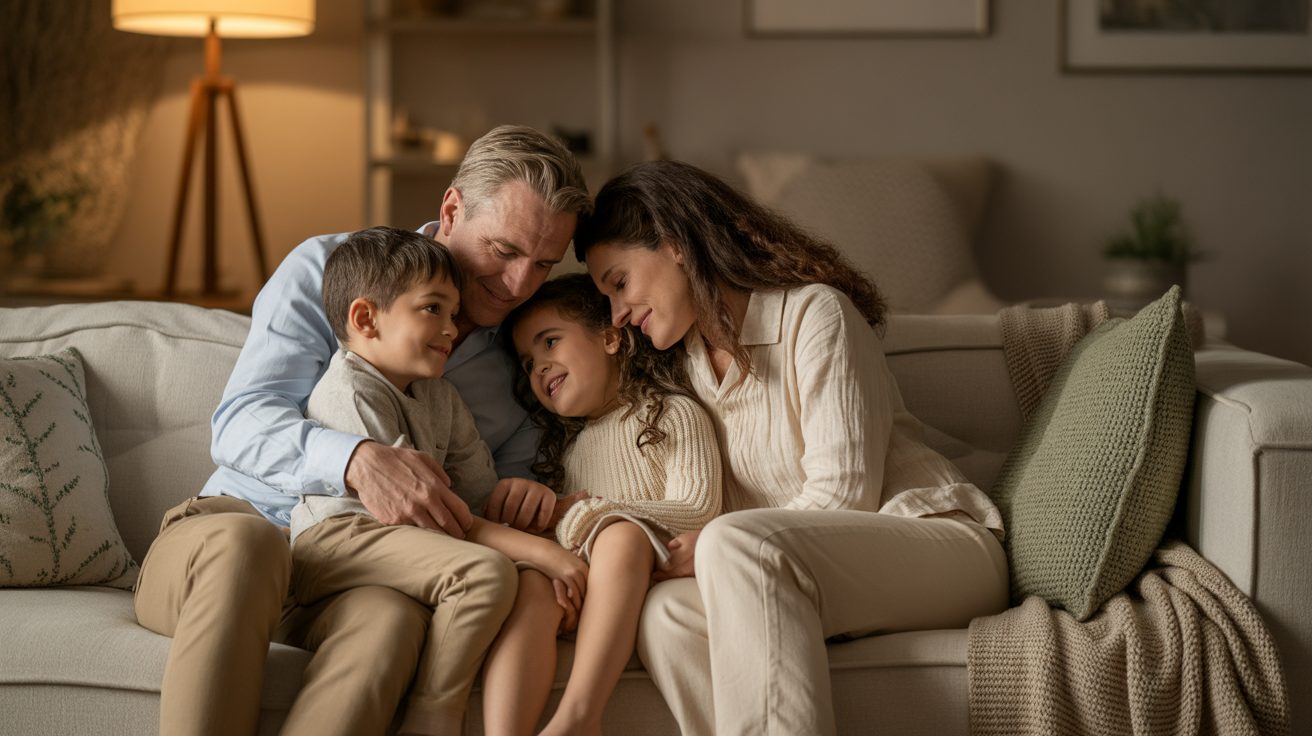Family sitting together on couch in warm lamplight with heads bowed in evening prayer