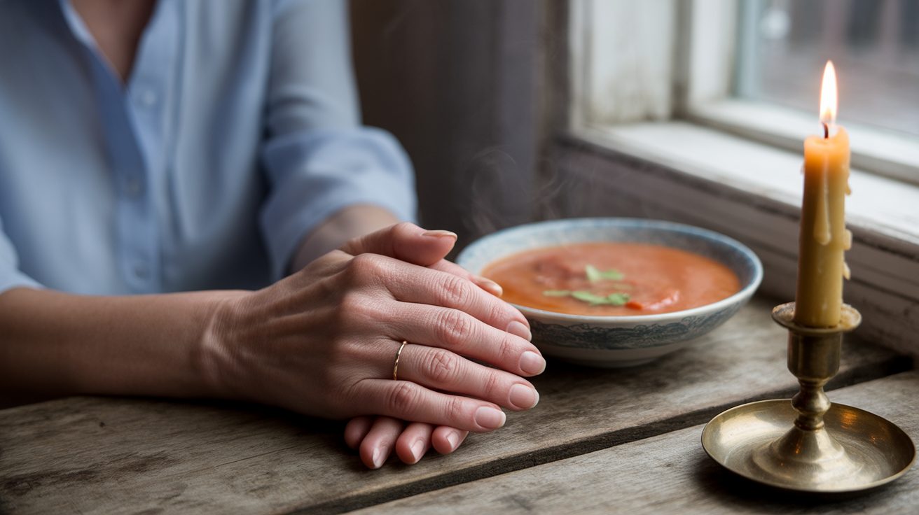 Clasped hands on dinner table representing a family mealtime prayer