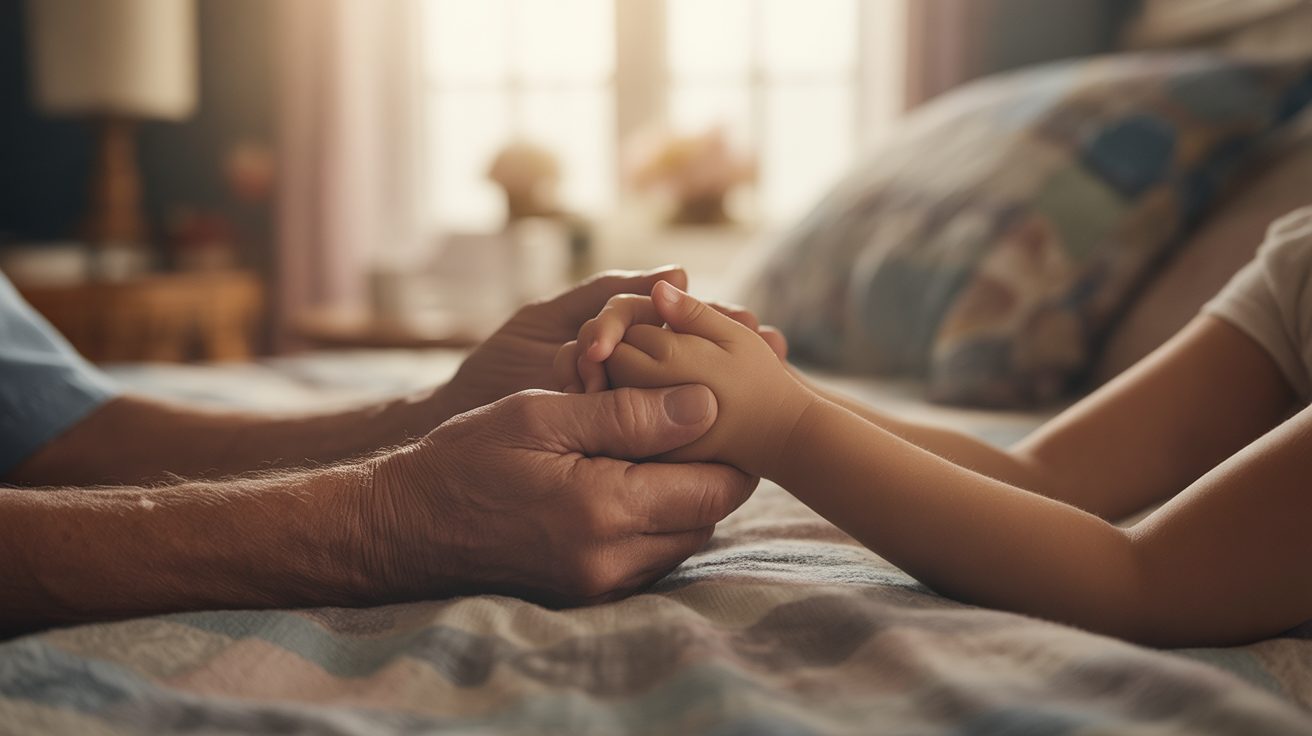 Family hands clasped together in bedtime prayer with warm lighting