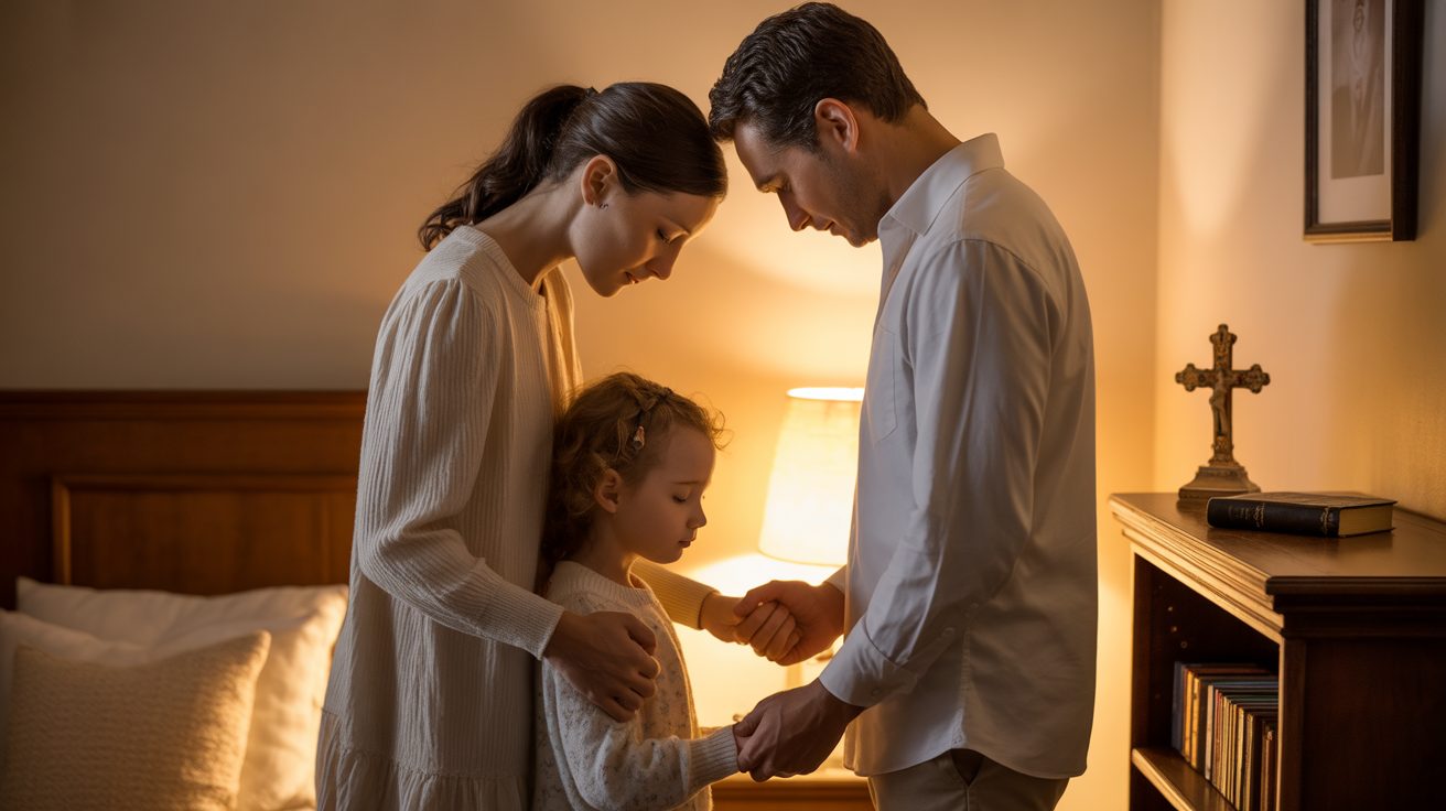 Family of four holding hands in bedtime prayer circle in cozy bedroom