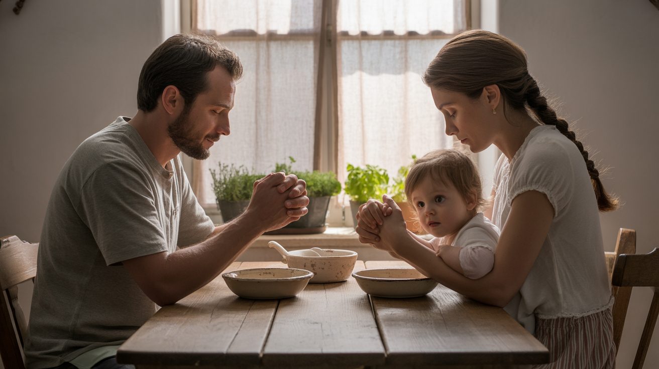 Family with toddler praying together before a meal