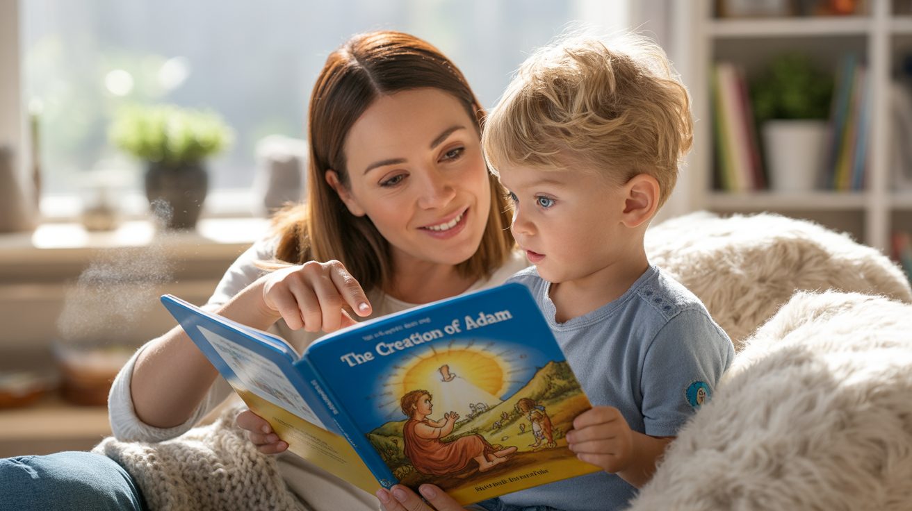 Parent and child reading Bible together during morning family devotional