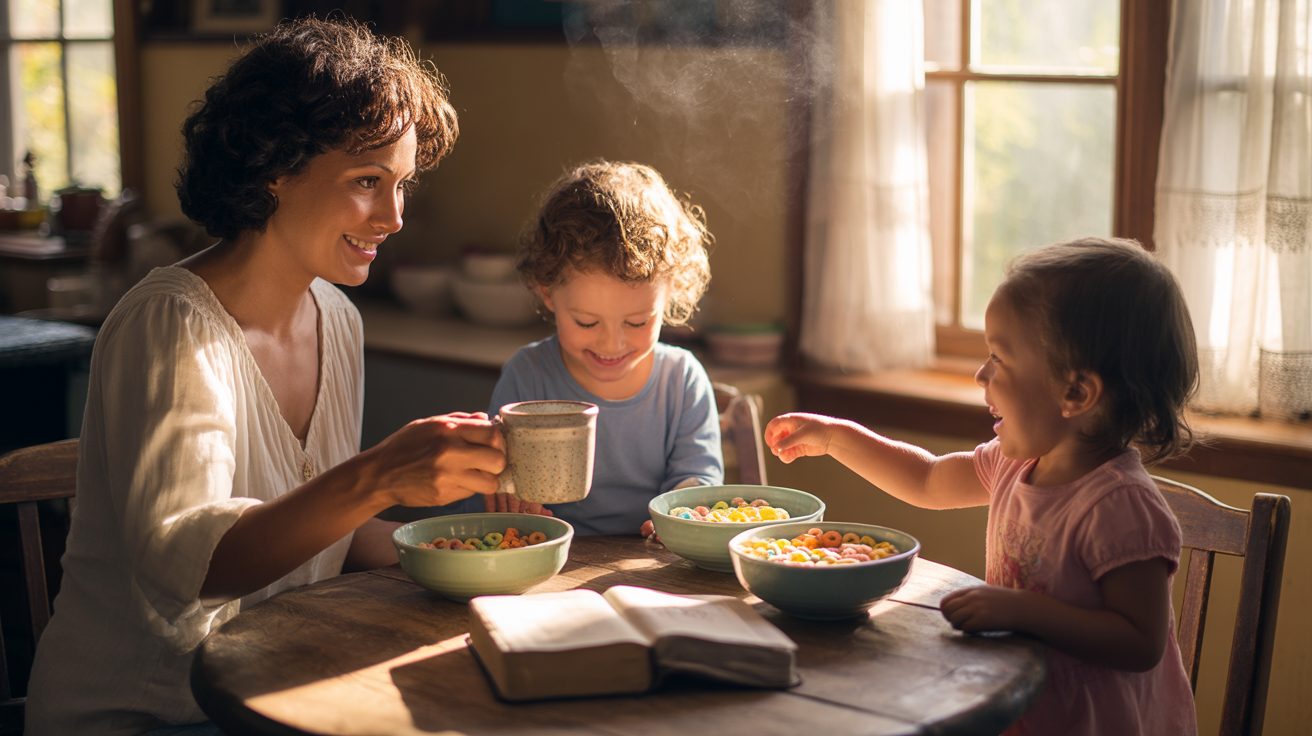 Family gathered for morning devotional at breakfast table with children's Bible