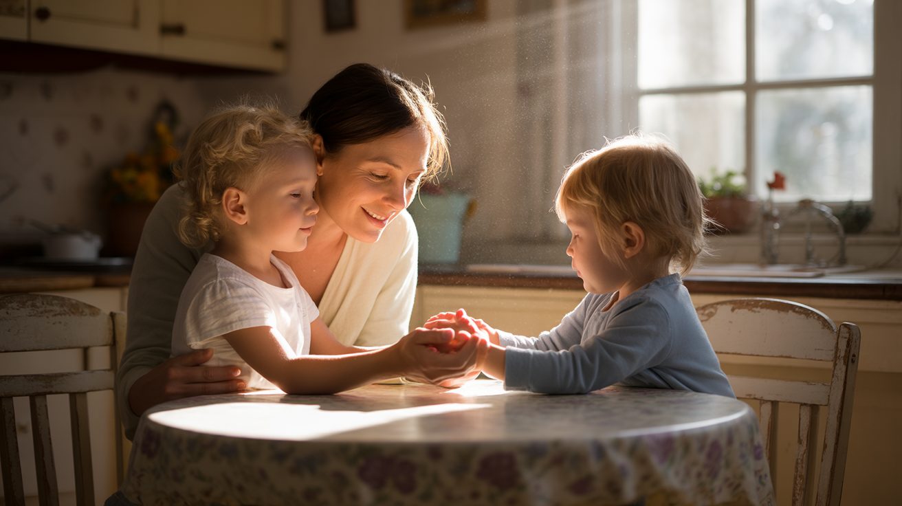 Family building a morning prayer habit together before school each day