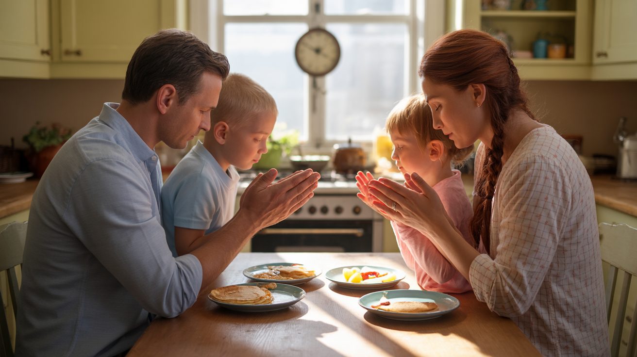 Family holding hands praying together during morning devotional time
