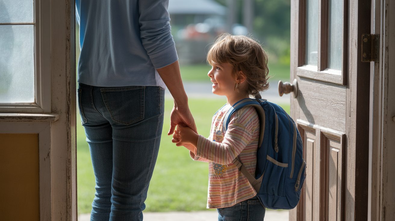 Parent and child praying together at front door before school