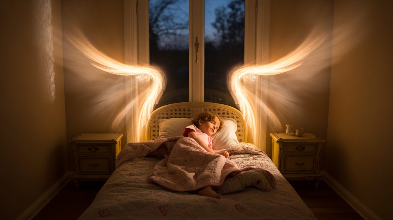 Gods protective presence comforting scared child at bedtime