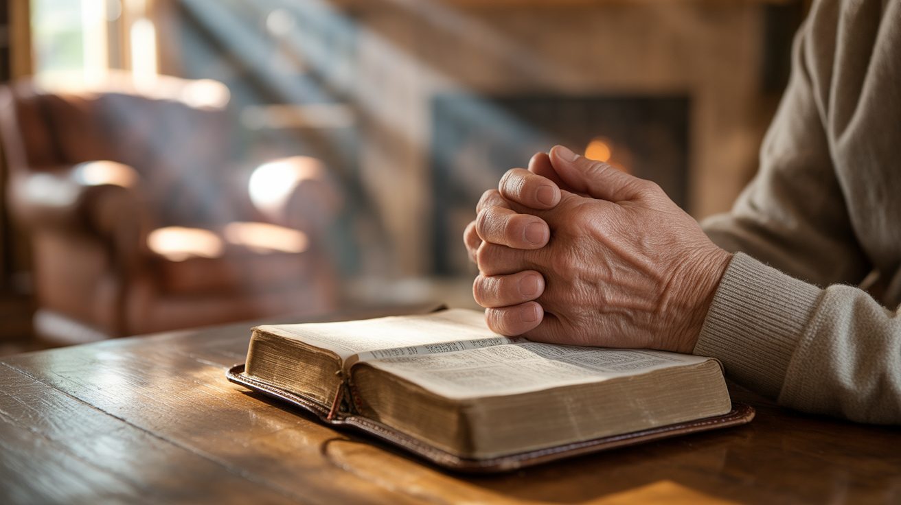 Hands clasped in prayer over an open Bible praying for adult children