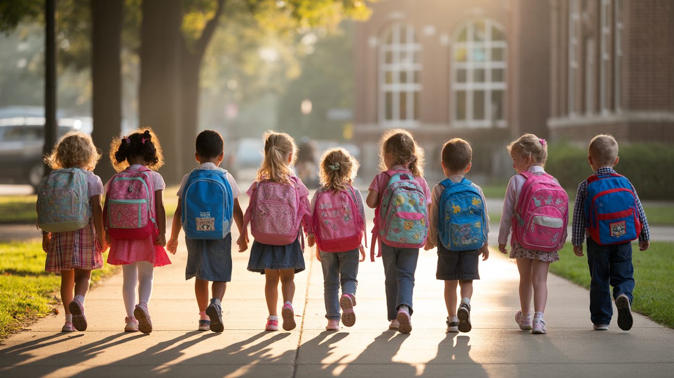 School children walking to school covered in a short morning prayer for protection