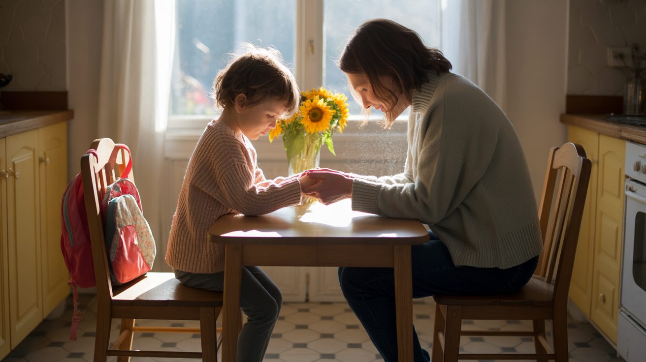 Parent and child praying together before school in a sunlit kitchen