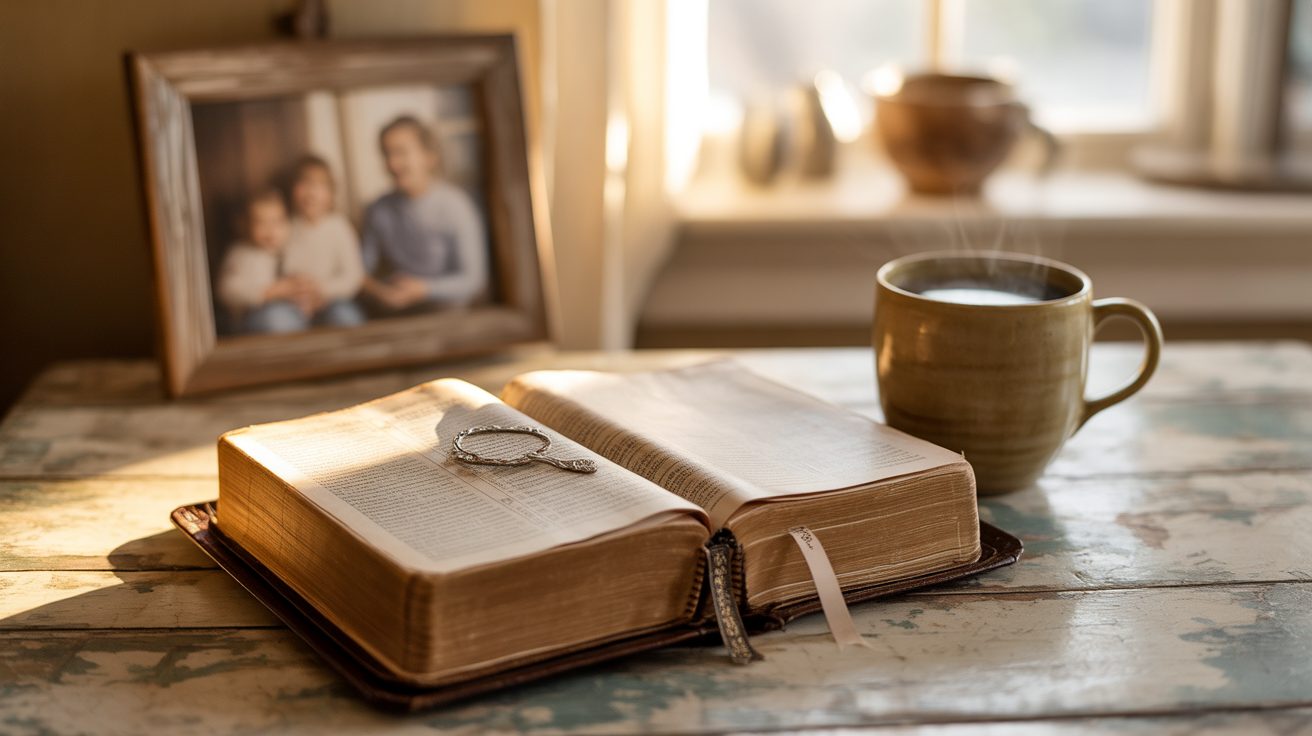 Open Bible and coffee on a kitchen table for morning prayer for adult children