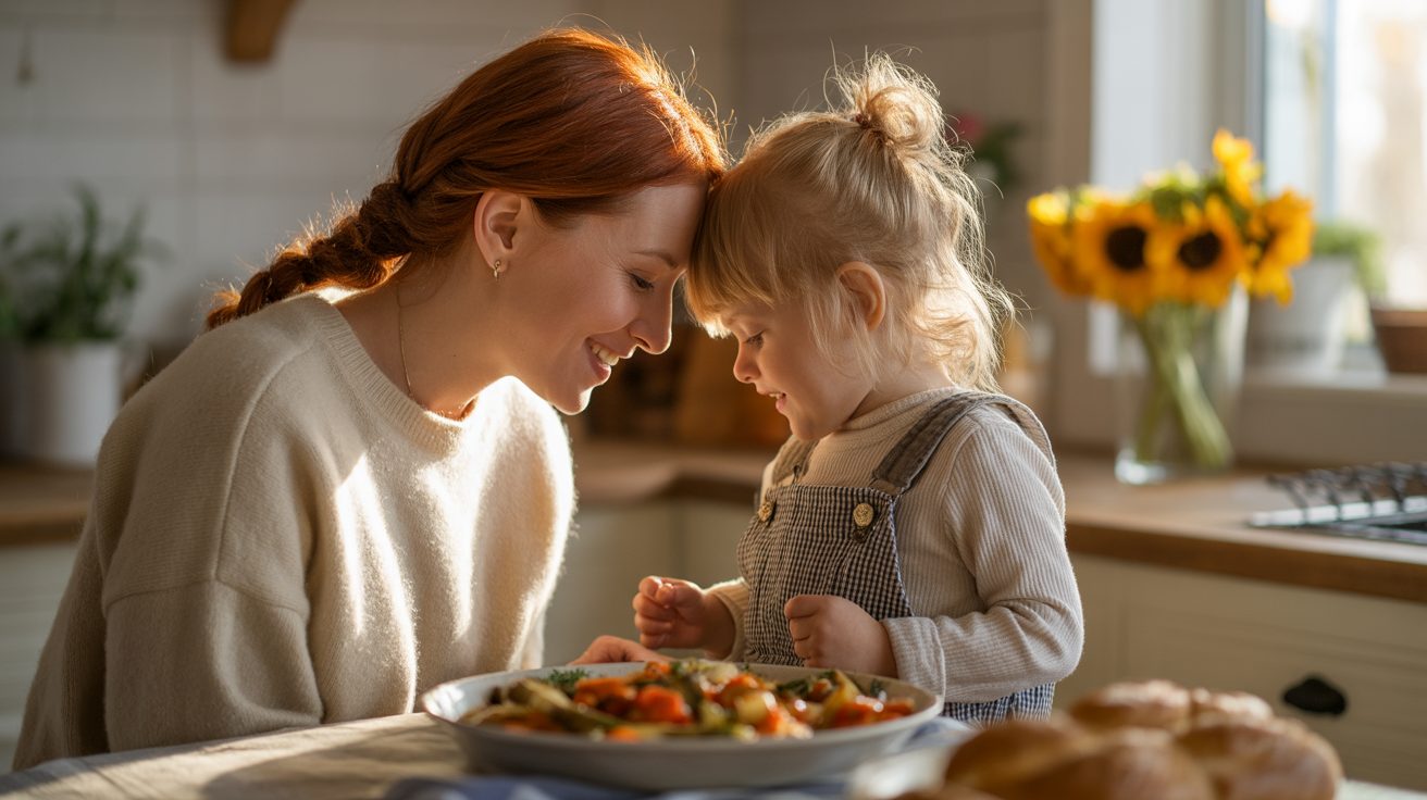 Mother and child bowing heads for a simple mealtime prayer at dinner