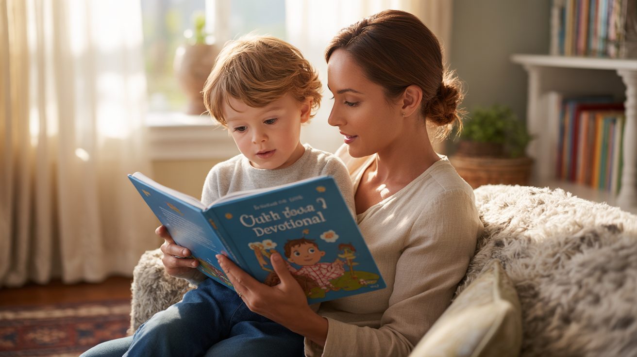 Mother and son sharing morning devotional reading time together
