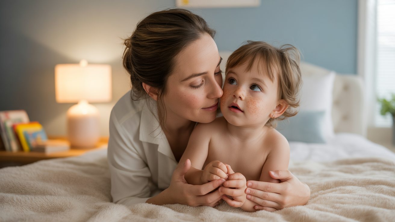 Mother and toddler praying together at bedtime