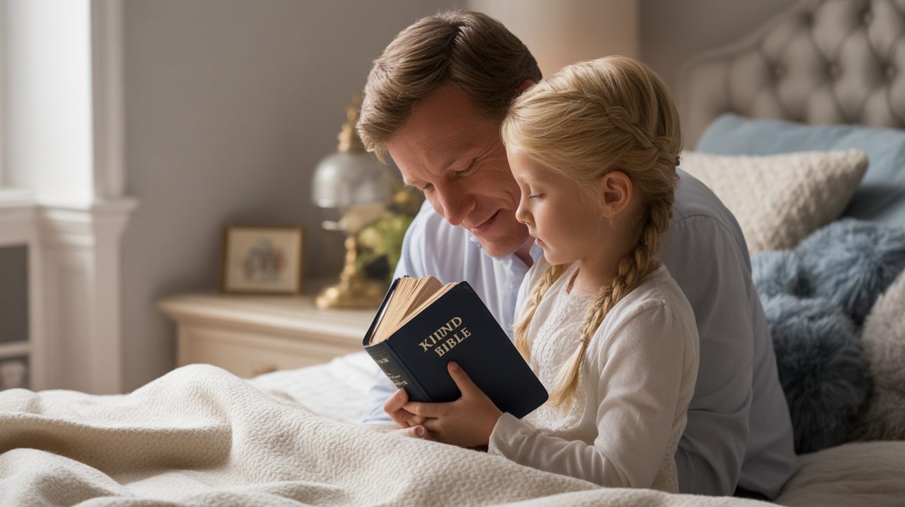 Parent and child praying together at bedtime in cozy bedroom