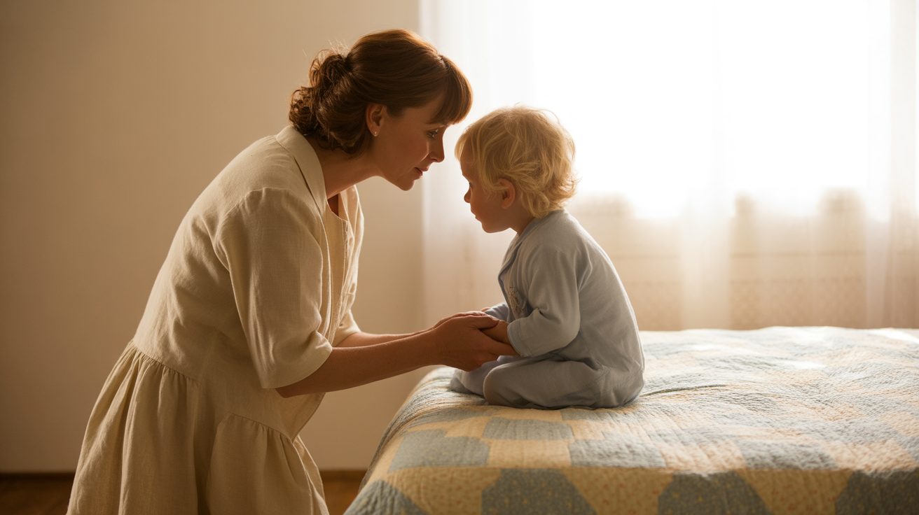 Parent and child kneeling together in morning prayer